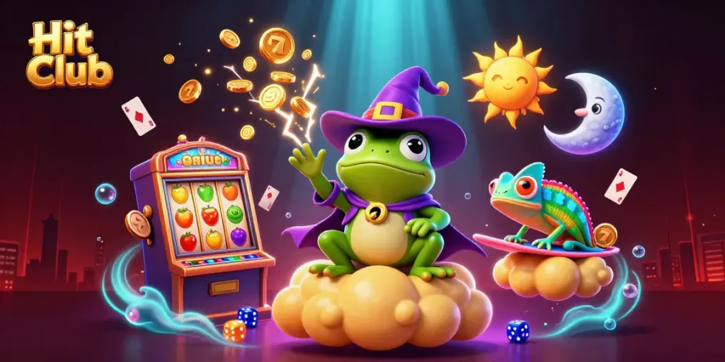 Engage in thrilling gameplay with Hit Club's vibrant online gaming world filled with golden coins, slot machines, and animated characters.