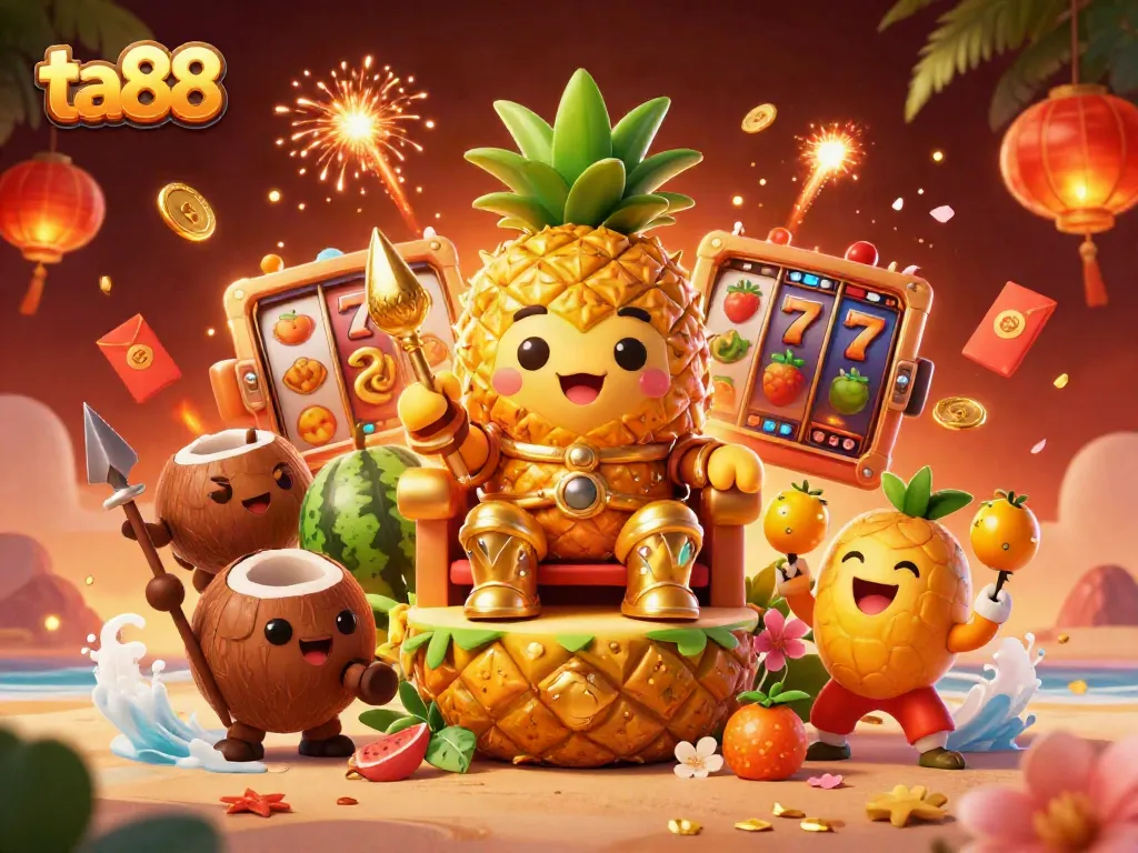 Experience the vibrant gaming world of ta88 with a playful pineapple king and exciting slot elements in a dazzling casino scene.