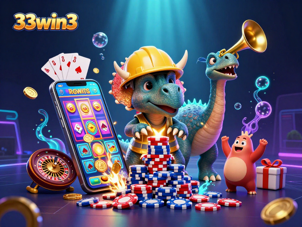 33win3 showcases a lively casino scene with animated dinosaurs celebrating big wins and exciting gameplay elements.