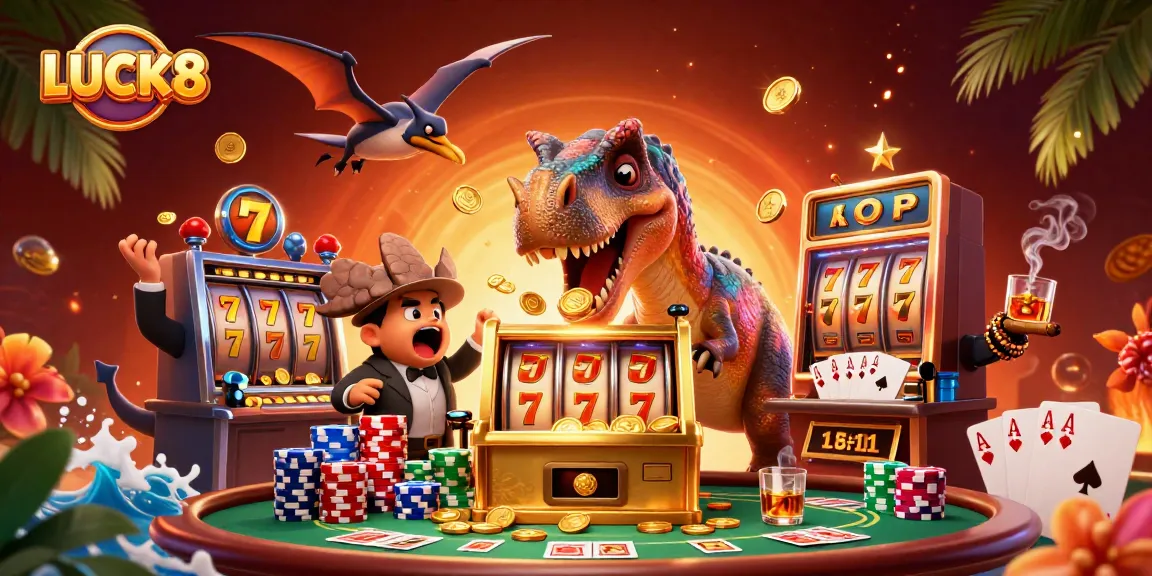 LUCK8 grants a thrilling jackpot experience with dynamic cartoon characters in a vibrant casino scene.