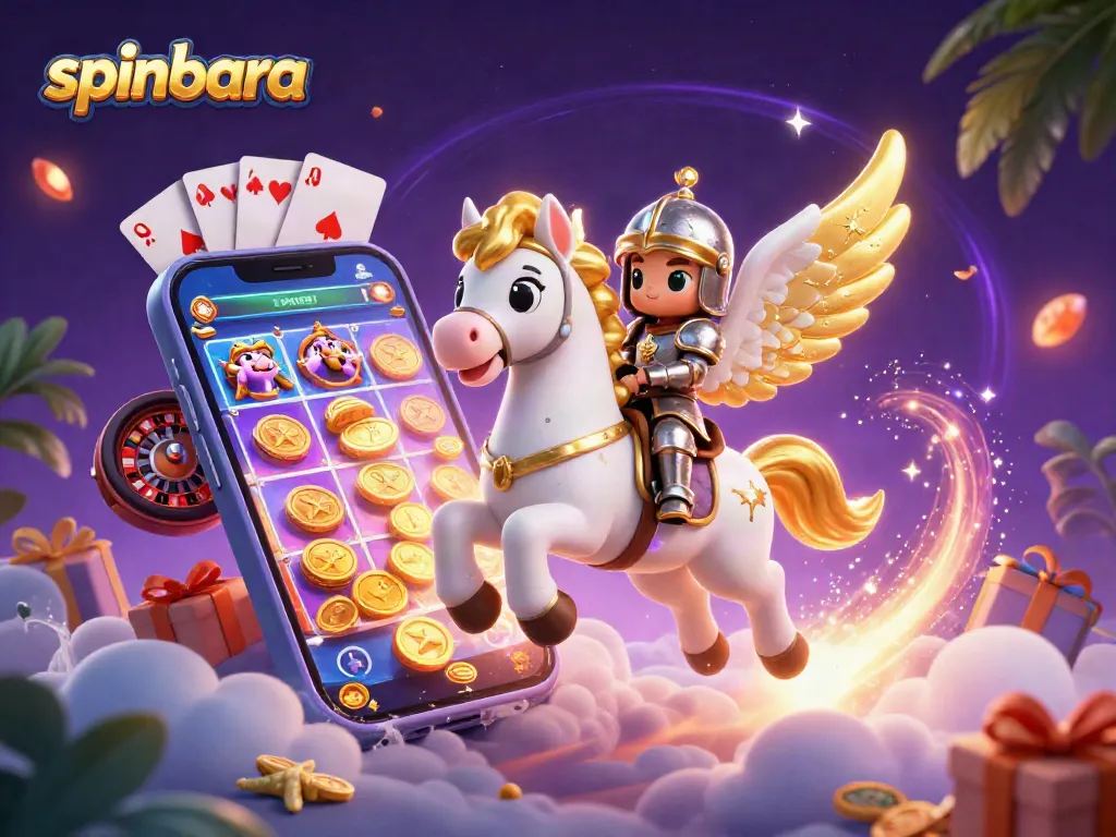 Spinbara gaming experience with a celestial horse and knight amidst vibrant casino elements.