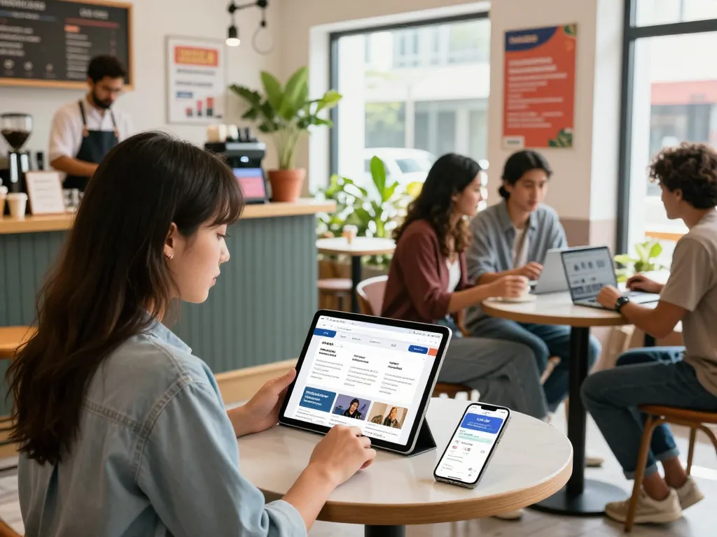 Users engaging with Hela Ad ads online at a vibrant café
