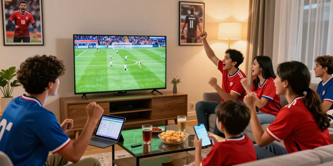 Fans enjoying rojadirectatv in a lively living room during a football match with snacks and team jerseys.