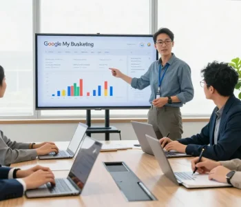Equipo de expertos de agencia de Google My Business analizando estrategias de marketing local.