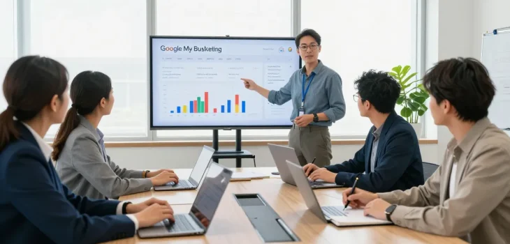 Equipo de expertos de agencia de Google My Business analizando estrategias de marketing local.