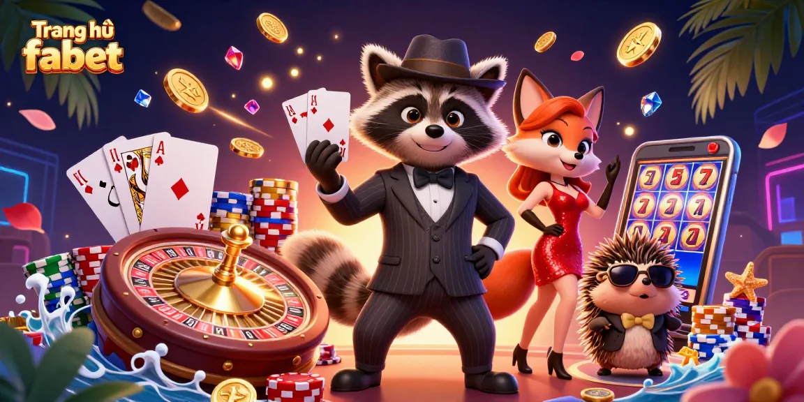 Experience exciting games at Trang chủ fabet with a raccoon holding a royal flush and charming characters.