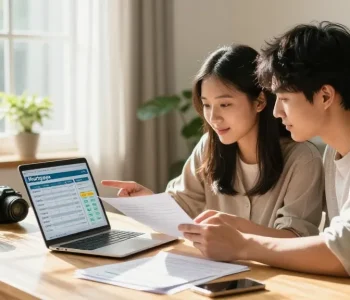 Couple simulating a mortgage with a calculator in a modern home office.