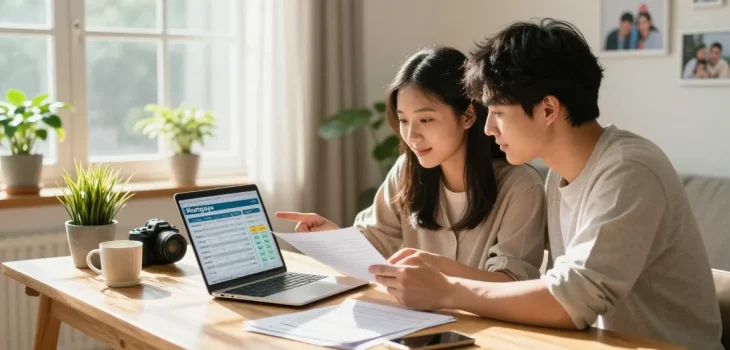 Couple simulating a mortgage with a calculator in a modern home office.