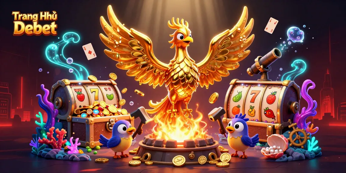 Experience the dynamic energy of Trang Chủ Debet with gaming-themed 3D art featuring slot reels, treasure, and vibrant elements.