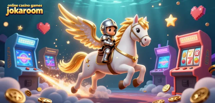 Play online casino games jokaroom with vibrant arcade elements, including slots and a knight on a magical horse.