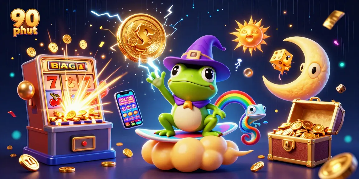 90 phut shows a wizard frog creating gold coins, with vibrant casino-themed elements around