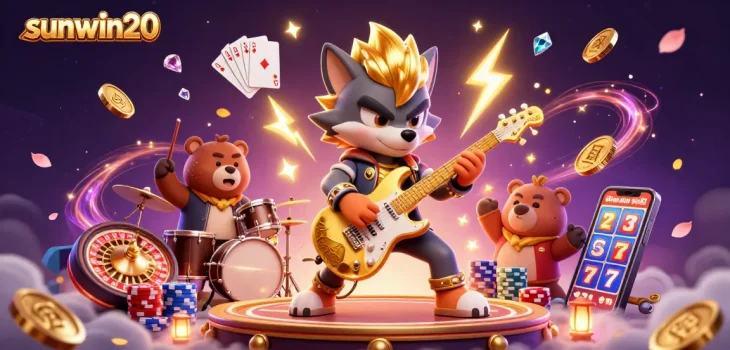 Experience thrilling action with sunwin20 in a vibrant 3D casino scene featuring dynamic characters and golden elements.