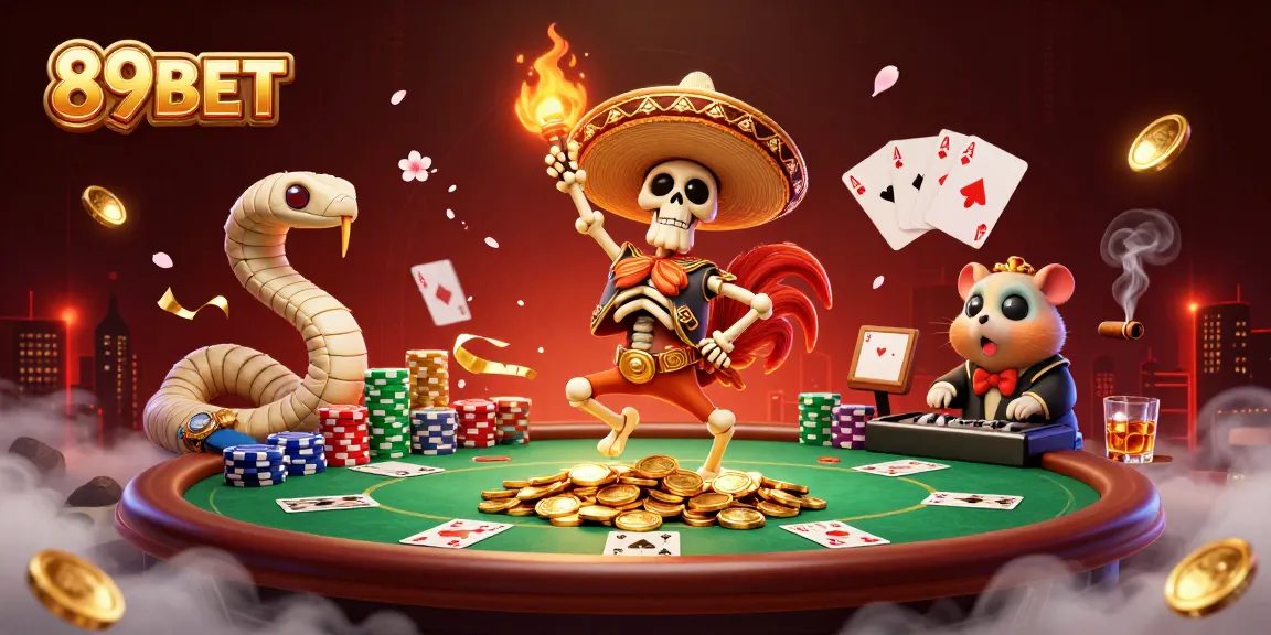 Scene showcasing 89BET's vibrant online gaming atmosphere with characters celebrating around a poker table