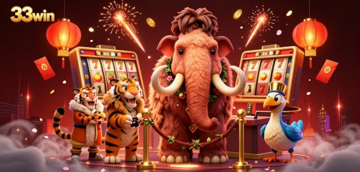 Engage with vibrant 33win casino atmosphere featuring a woolly mammoth bouncer and exciting slot games.