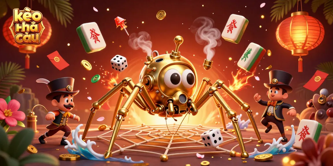 Engage with kèo nhà cái showcasing a steampunk spider spinning a golden web of luck with dynamic casino elements.