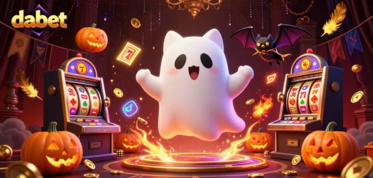 dabet’s haunting casino scene features a friendly ghost cat and spooky elements around slot reels.