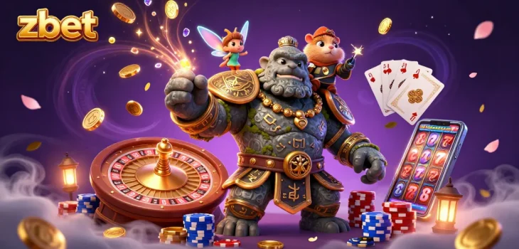 Experience the vibrant world of zbet with a guardian golem, magical fairy, and hamster knight amidst casino excitement.