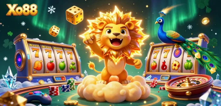 Xo88 celebrates gameplay with vibrant elements like slot reels and poker chips amidst a dynamic 3D scene.