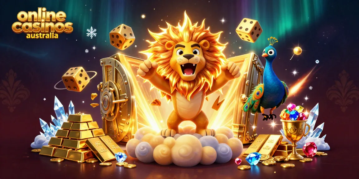 Experience the excitement of online casinos Australia with a vibrant 3D illustration featuring a roaring sun lion and glowing gold elements.