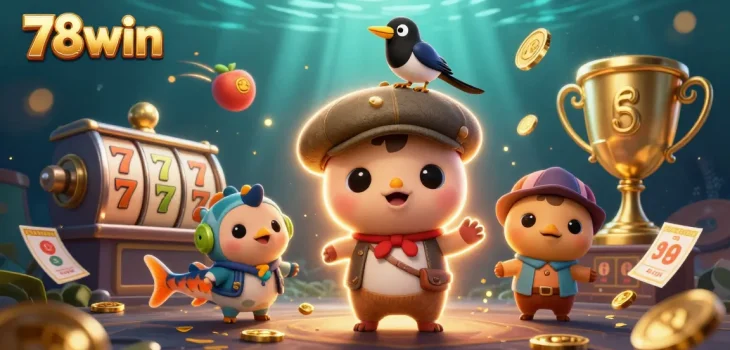 Engage with 78win's vibrant gaming scene featuring thrilling slot reels and playful characters.