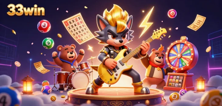 33win showcases a vibrant casino scene with a rock star wolf and a drummer bear, surrounded by lottery elements.