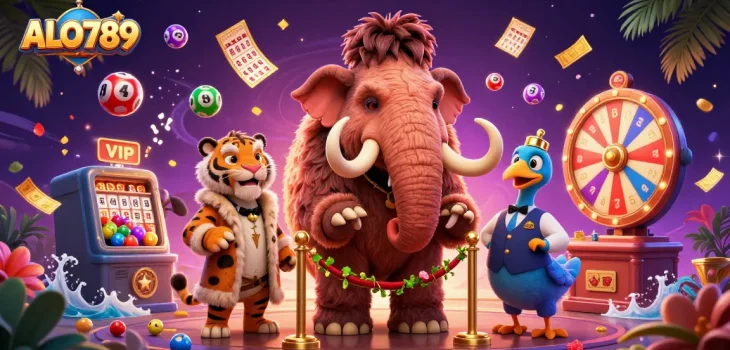 Join the excitement at ALO789 with lively lottery balls and vibrant casino characters in action.