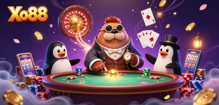 Experience thrilling poker action with Xo88 featuring a royal flush and dynamic characters in a vibrant underwater setting.