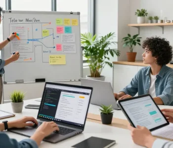 Building internal tools with AI in a collaborative workspace with diverse professionals and digital tools.