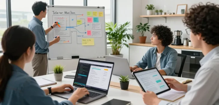 Building internal tools with AI in a collaborative workspace with diverse professionals and digital tools.