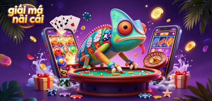 Engage with giải mã nhà cái featuring a vibrant casino scene with a chameleon character and gaming elements.