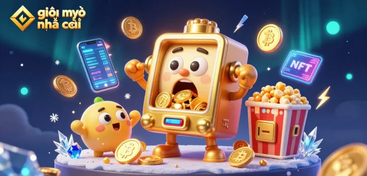 Engaging scene of giải mã nhà cái with a joyful golden slot machine hitting the jackpot, surrounded by cheering baby slots and crypto coins.
