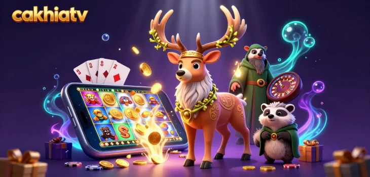Experience immersive gambling with cakhiatv, featuring vibrant characters and dynamic gaming elements.