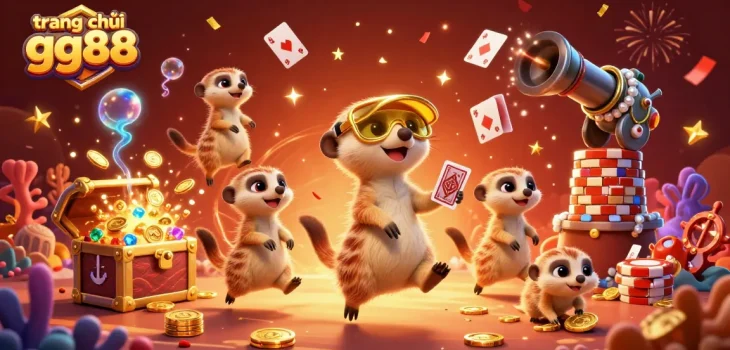 Experience thrilling gameplay at trang chủ gg88 with meerkats running a vibrant casino scene full of colorful treasures and dynamic elements.