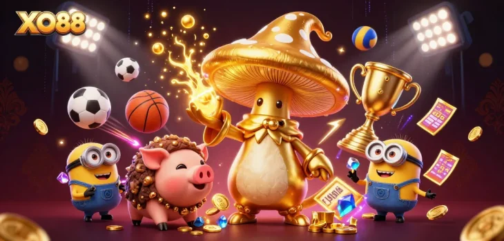 Experience thrilling betting with XO88 as the golden wizard unleashes treasure amidst dynamic sports elements.