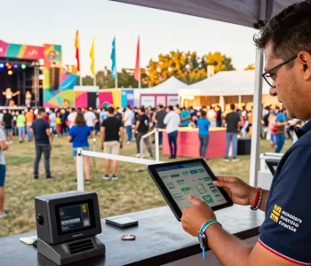Smart event organizer at festival using pulsera monedero eventos for seamless access control.