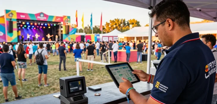 Smart event organizer at festival using pulsera monedero eventos for seamless access control.