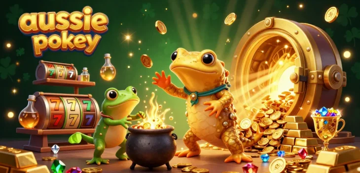 aussie online pokies scene with a golden salamander alchemist and slot game elements, depicting casino excitement and luxury.