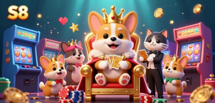 S8 invites gamers to join a royal experience, featuring the corgi king and arcade excitement in a vibrant casino setting.