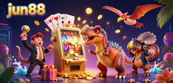 Join the fun at jun88 while a dinosaur wins a jackpot, surrounded by coins and gaming action.