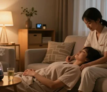 Enjoying a luxurious 출장안마 session at home, with a professional therapist in a cozy environment.
