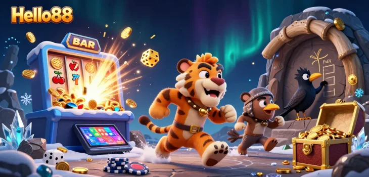 Experience big wins at Hello88 featuring a prehistoric casino scene with dynamic characters and vibrant game elements.