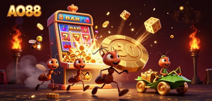 Join the AO88 ants in an epic casino heist with golden poker chips and dazzling slot machines.