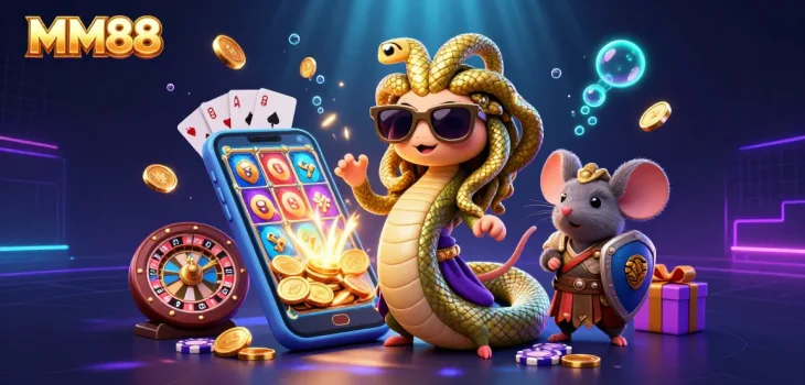 Experience the fun of MM88 with friendly Medusa and a warrior mouse in an exciting casino scene.