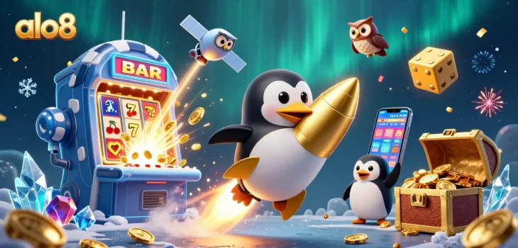 Experience the excitement of ALO8 with a 3D penguin launching into a vibrant casino space theme.