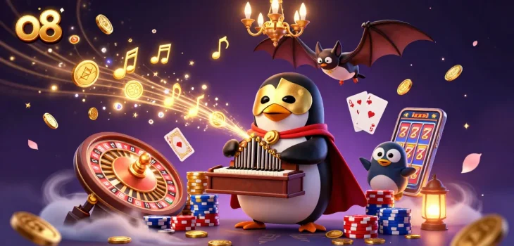 Engage with the thrilling world of o8 as a penguin plays organ, shooting coins and gems!