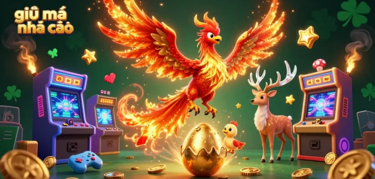 Engage with giải mã nhà cái as a fire phoenix soars amidst vibrant casino-themed elements.