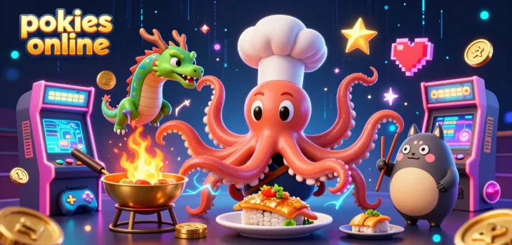 Spin the reels of pokies online with vibrant characters and exciting game elements in a fun casino scene.
