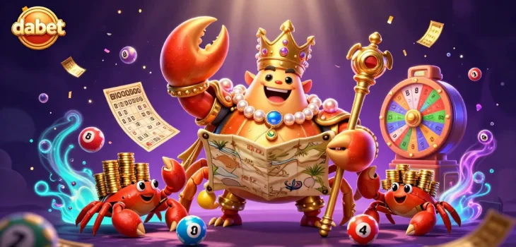 Join dabet's triumphant crab emperor in a vibrant casino-themed lottery scene filled with dynamic magic!