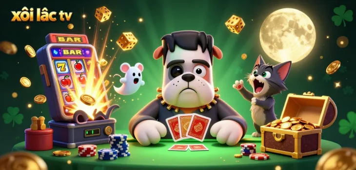 Experience the excitement of xôi lạc tv with a thrilling group of casino characters and vibrant gaming elements.