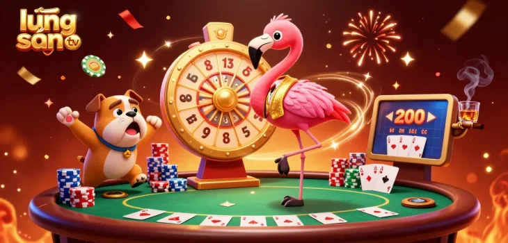 Engaging scene of lương sơn tv featuring a lively game show host, an excited bulldog contestant, and a cat assistant with vibrant casino elements around.